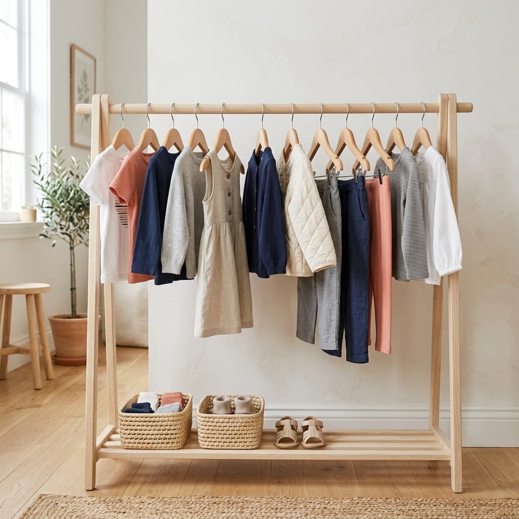 A neatly organized children's capsule wardrobe on a wooden rack
