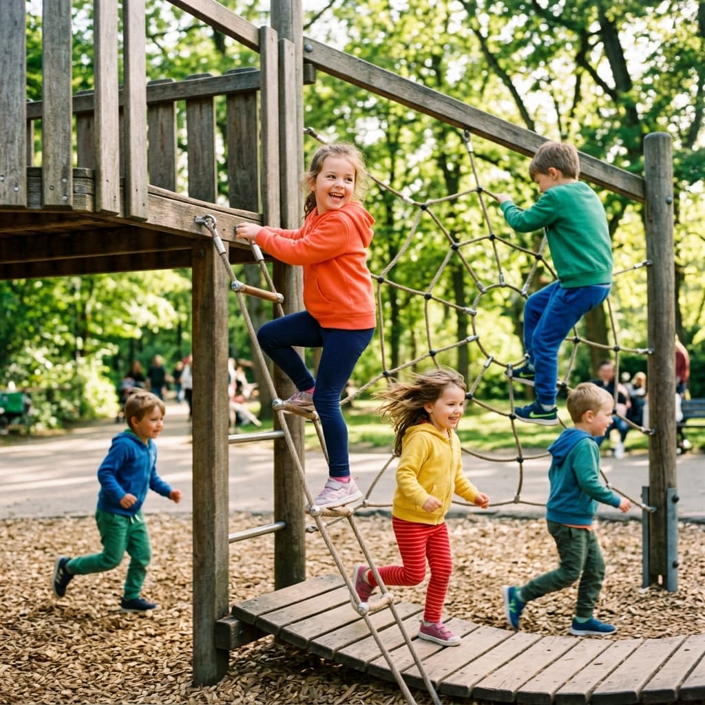 Children playing actively outdoors in comfortable play clothes
