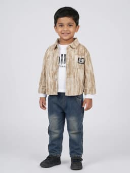 Boys 3-Piece Textured Beige Shirt Jacket, White Graphic T-Shirt and Dark Blue Washed Denim Jeans Set
