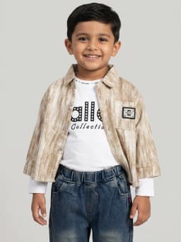 Boys 3-Piece Textured Beige Shirt Jacket, White Graphic T-Shirt and Dark Blue Washed Denim Jeans Set