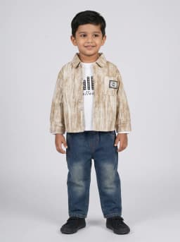 Boys 3-Piece Textured Beige Shirt Jacket, White Graphic T-Shirt and Dark Blue Washed Denim Jeans Set