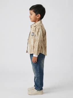 Boys 3-Piece Textured Beige Shirt Jacket, White Graphic T-Shirt and Dark Blue Washed Denim Jeans Set