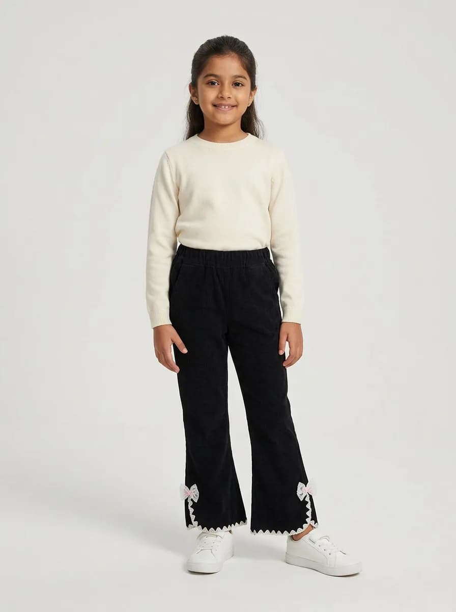 Girls Black Corduroy Flared Trousers with Lace Trim and Bow Accent