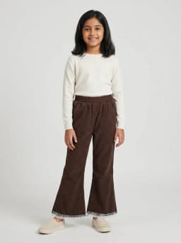 Girls Chocolate Brown Corduroy Flared Trousers with Frill Trim Hem