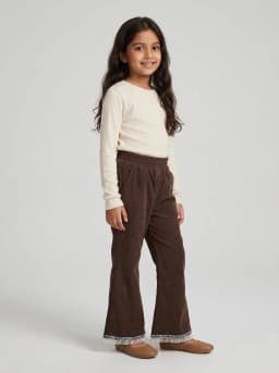 Girls Chocolate Brown Corduroy Flared Trousers with Frill Trim Hem