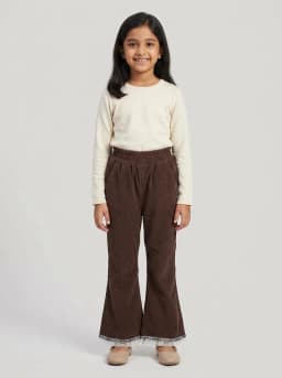 Girls Chocolate Brown Corduroy Flared Trousers with Frill Trim Hem