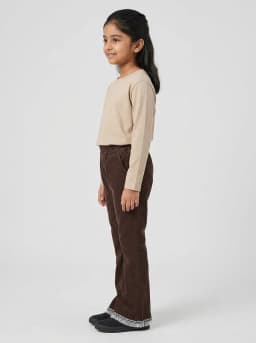 Girls Chocolate Brown Corduroy Flared Trousers with Frill Trim Hem