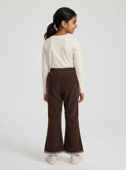 Girls Chocolate Brown Corduroy Flared Trousers with Frill Trim Hem
