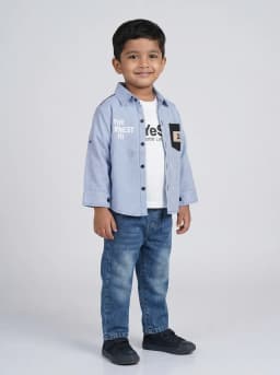 Boys Light Blue Striped Shirt, White T-Shirt and Mid-Blue Washed Jeans 3-Piece Set