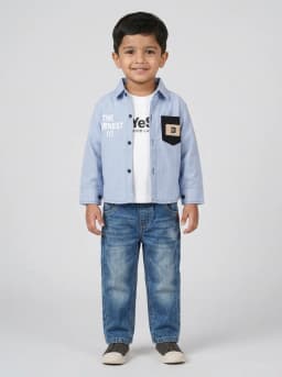 Boys Light Blue Striped Shirt, White T-Shirt and Mid-Blue Washed Jeans 3-Piece Set