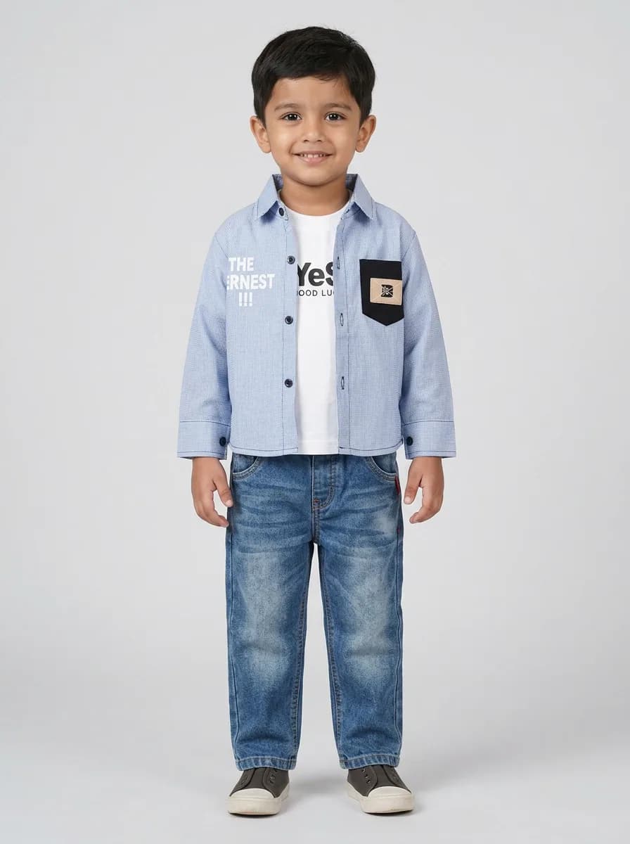 Boys Light Blue Striped Shirt, White T-Shirt and Mid-Blue Washed Jeans 3-Piece Set