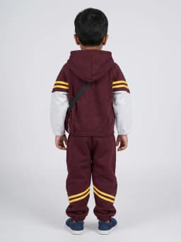 Maroon and Heather Grey Colourblocked Hooded Tracksuit with Crossbody Pouch - 3 Piece Set