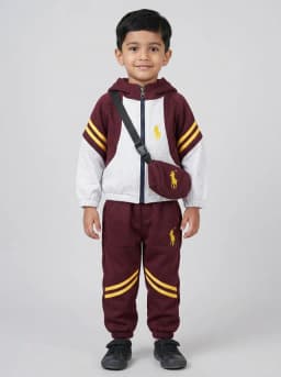 Maroon and Heather Grey Colourblocked Hooded Tracksuit with Crossbody Pouch - 3 Piece Set