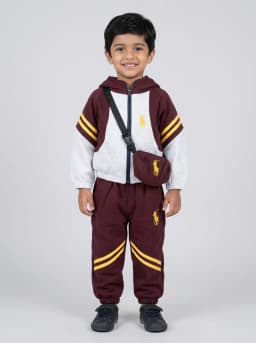 Maroon and Heather Grey Colourblocked Hooded Tracksuit with Crossbody Pouch - 3 Piece Set