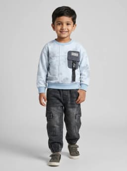 Boys Light Blue Tie Dye Sweatshirt and Washed Black Denim Cargo Joggers Set