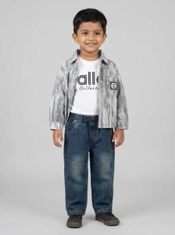 Boys Grey Acid Wash Shirt Jacket, White Graphic T-Shirt and Dark Blue Denim Jeans 3-Piece Set
