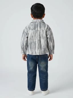 Boys Grey Acid Wash Shirt Jacket, White Graphic T-Shirt and Dark Blue Denim Jeans 3-Piece Set