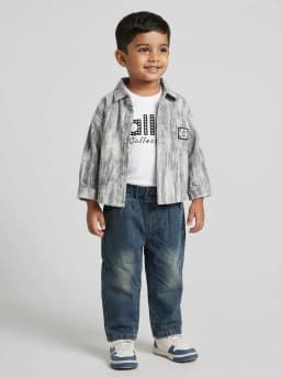 Boys Grey Acid Wash Shirt Jacket, White Graphic T-Shirt and Dark Blue Denim Jeans 3-Piece Set