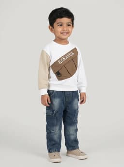 Boys White and Beige Sweatshirt with Dark Blue Washed Denim Cargo Jeans Set