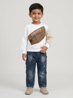 Boys White and Beige Sweatshirt with Dark Blue Washed Denim Cargo Jeans Set