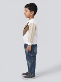Boys White and Beige Sweatshirt with Dark Blue Washed Denim Cargo Jeans Set