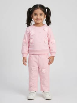 Girls Light Pink Sweatshirt and Joggers Set with 3D Rosettes and Pearl Embellishments