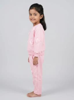 Girls Light Pink Sweatshirt and Joggers Set with 3D Rosettes and Pearl Embellishments