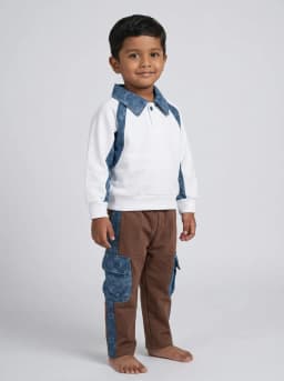 Boys White Polo Sweatshirt and Brown Cargo Pants Two-Piece Set