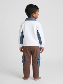 Boys White Polo Sweatshirt and Brown Cargo Pants Two-Piece Set