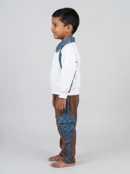 Boys White Polo Sweatshirt and Brown Cargo Pants Two-Piece Set