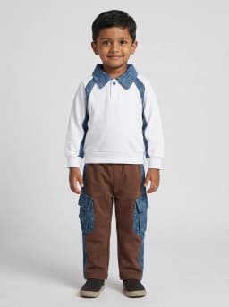 Boys White Polo Sweatshirt and Brown Cargo Pants Two-Piece Set
