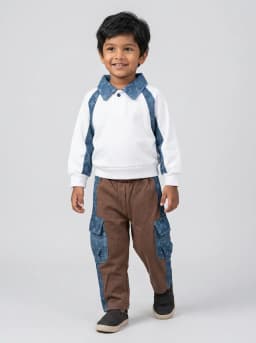 Boys White Polo Sweatshirt and Brown Cargo Pants Two-Piece Set