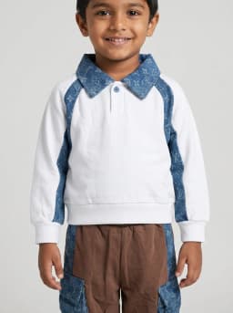 Boys White Polo Sweatshirt and Brown Cargo Pants Two-Piece Set