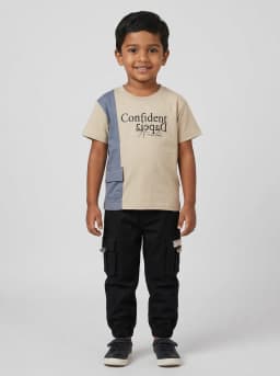 Boys Beige and Slate Blue Graphic T-Shirt with Black Cargo Joggers Set
