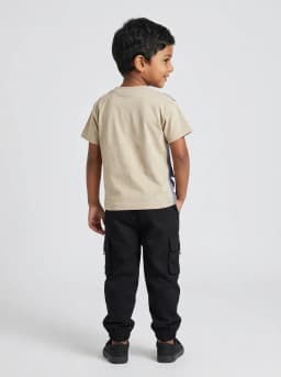 Boys Beige and Slate Blue Graphic T-Shirt with Black Cargo Joggers Set