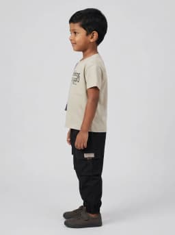 Boys Beige and Slate Blue Graphic T-Shirt with Black Cargo Joggers Set