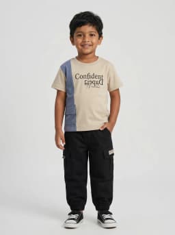Boys Beige and Slate Blue Graphic T-Shirt with Black Cargo Joggers Set