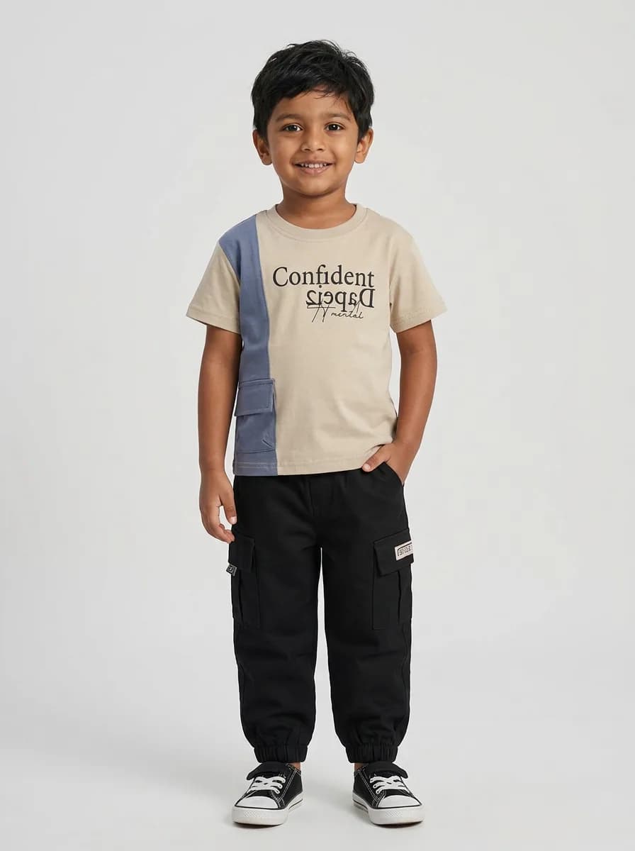 Boys Beige and Slate Blue Graphic T-Shirt with Black Cargo Joggers Set