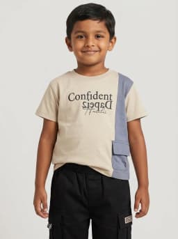 Boys Beige and Slate Blue Graphic T-Shirt with Black Cargo Joggers Set