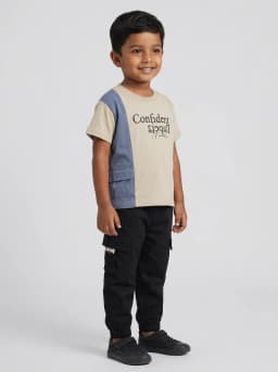 Boys Beige and Slate Blue Graphic T-Shirt with Black Cargo Joggers Set