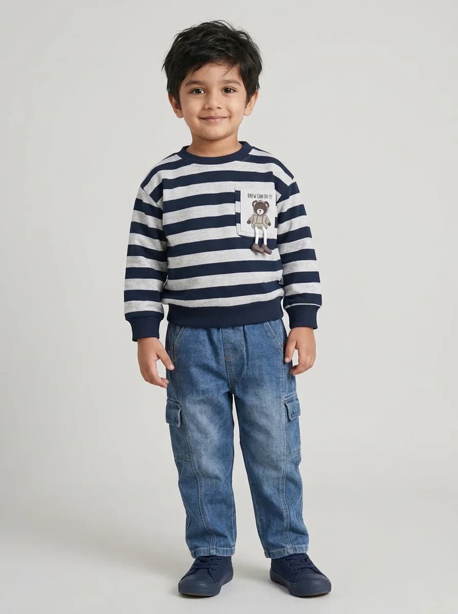 Boys Navy Blue Striped Bear Sweatshirt and Mid-Blue Washed Cargo Jeans Set