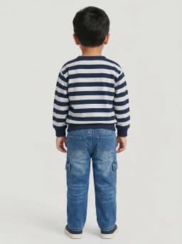 Boys Navy Blue Striped Bear Sweatshirt and Mid-Blue Washed Cargo Jeans Set