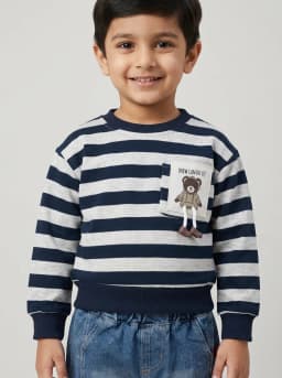 Boys Navy Blue Striped Bear Sweatshirt and Mid-Blue Washed Cargo Jeans Set