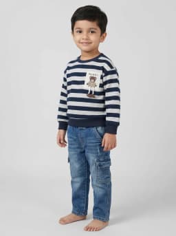 Boys Navy Blue Striped Bear Sweatshirt and Mid-Blue Washed Cargo Jeans Set