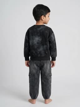 Boys Black Acid Wash Sweatshirt and Washed Black Denim Cargo Joggers Set