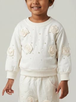 Girls Off-White Sweatshirt and Trousers Set with 3D Rosettes and Pearl Embellishments