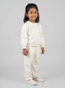 Girls Off-White Sweatshirt and Trousers Set with 3D Rosettes and Pearl Embellishments