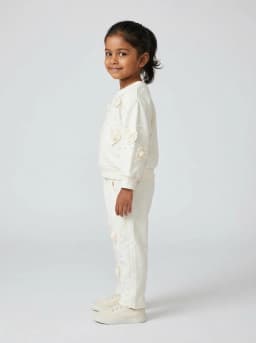 Girls Off-White Sweatshirt and Trousers Set with 3D Rosettes and Pearl Embellishments