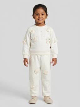 Girls Off-White Sweatshirt and Trousers Set with 3D Rosettes and Pearl Embellishments