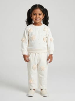 Girls Off-White Sweatshirt and Trousers Set with 3D Rosettes and Pearl Embellishments